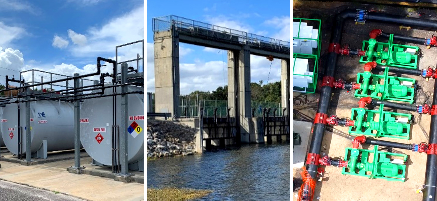 Left to right: Diesel piping improvements at Cypress Creek facility; Automated gates at Tampa Bypass Canal; Temporary pumps at Brandon Booster Station