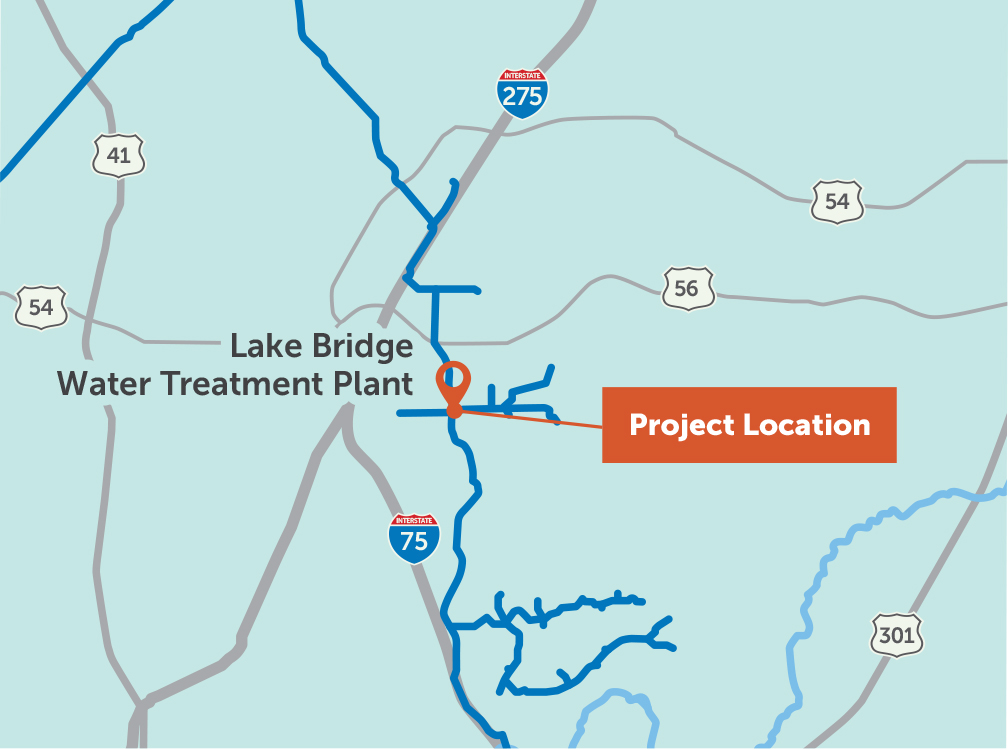 The Lake Bridge Water Treatment Plant is located east of I-75 and south of County Line Road in Hillsborough County.