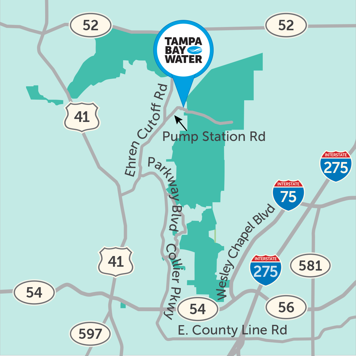 Tampa Bay Water's Infrastructure and Emergency Management Building is located at 8865 Pump Station Road
Land O'Lakes, FL 34639
