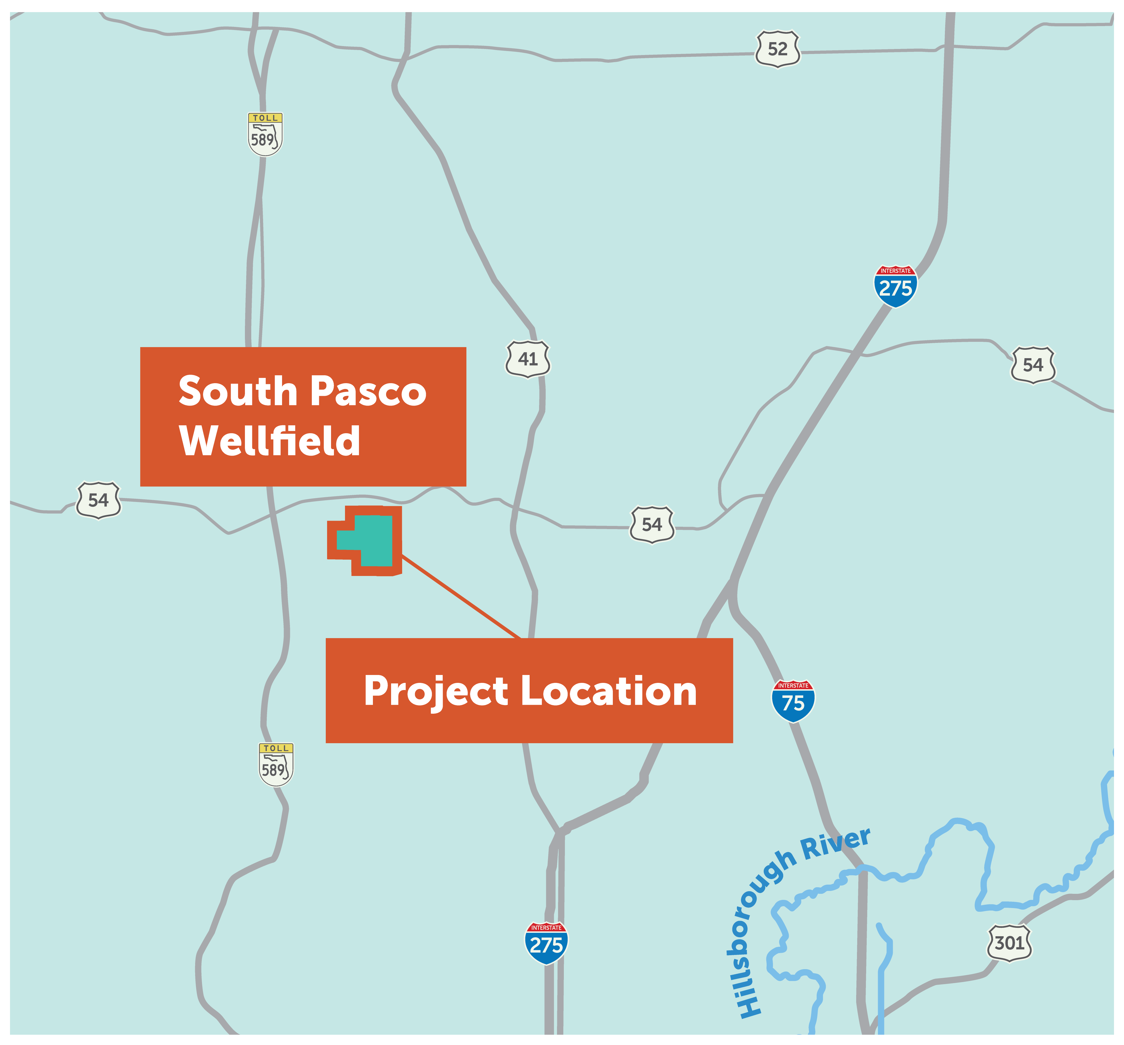 The South Pasco Water Treatment Plant is located just south of County Road 54, east of the Suncoast Parkway in Pasco County