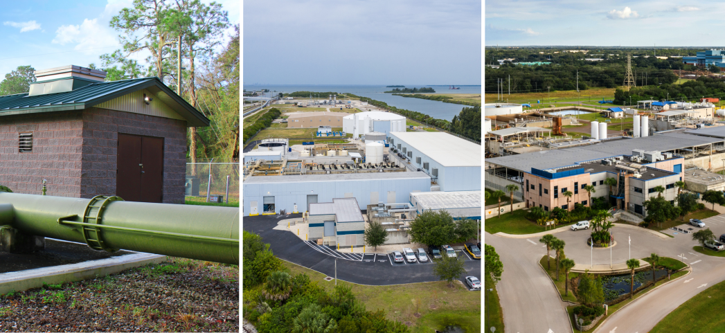 Photos of wellhouse, desalination plant and surface water treatment plant