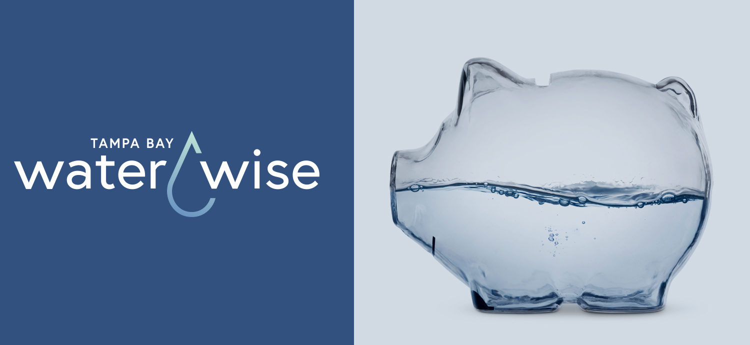 Water Wise logo and clear piggy bank filled with water