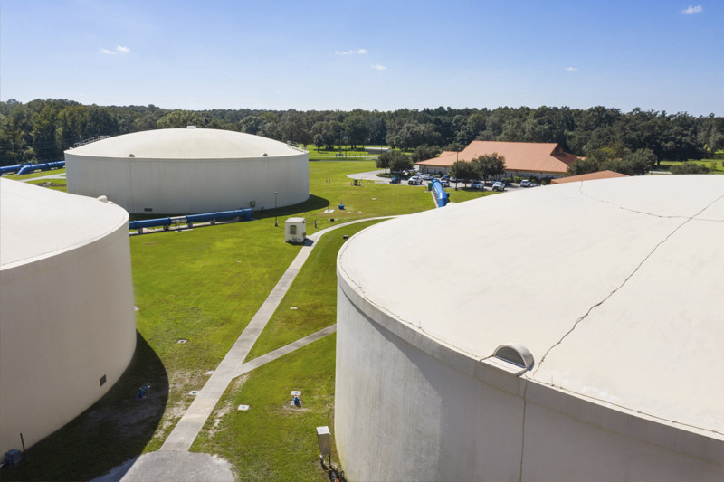 Water storage tanks at the Land O'Lakes campus